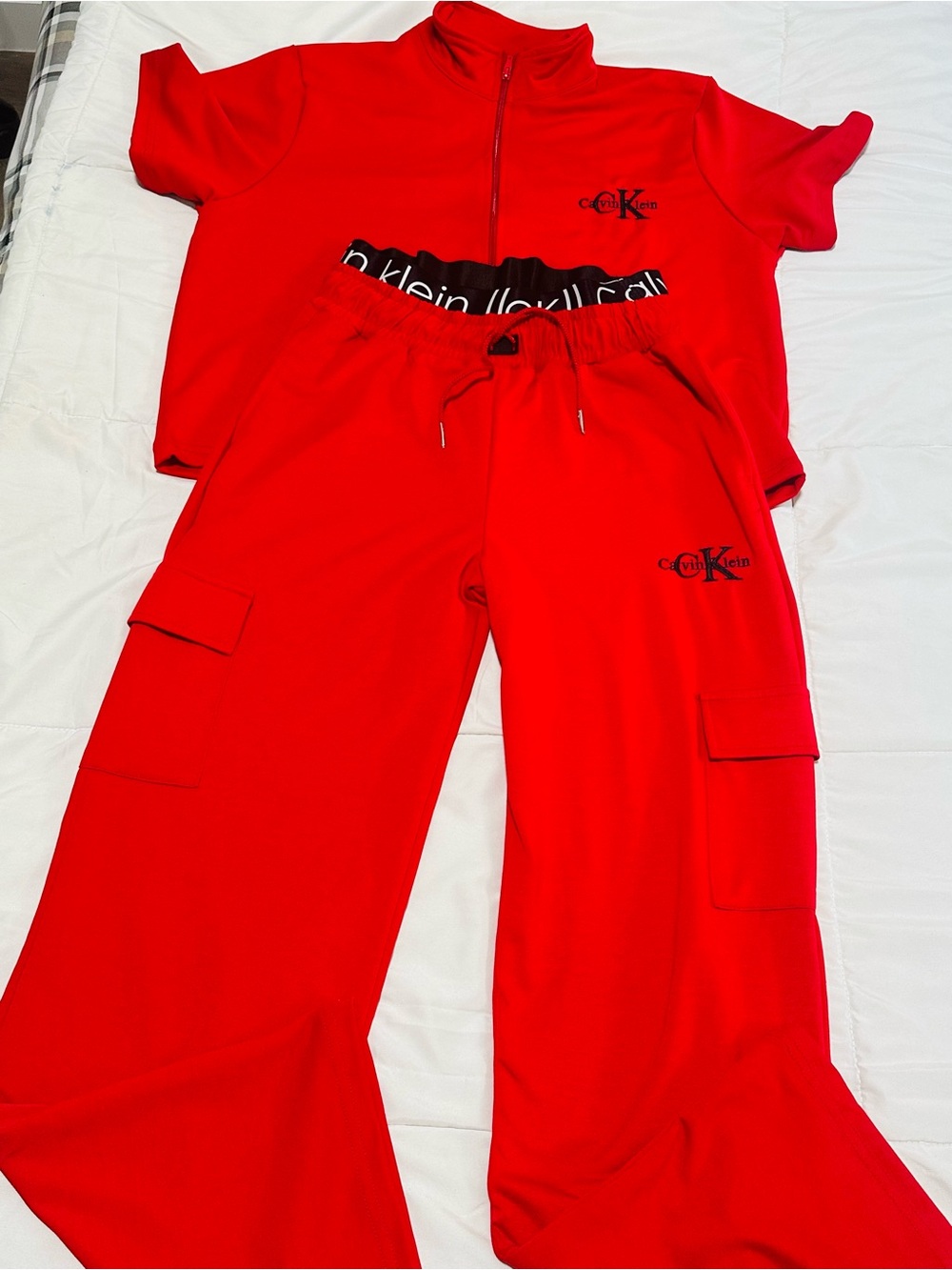 Calvin Klein Red Quarter-Zip Top and Cargo Pants Set